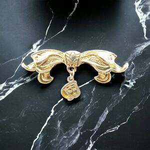 Vintage Gold Tone Bow Brooch w/ Dangle Charm Costume Jewelry Pin